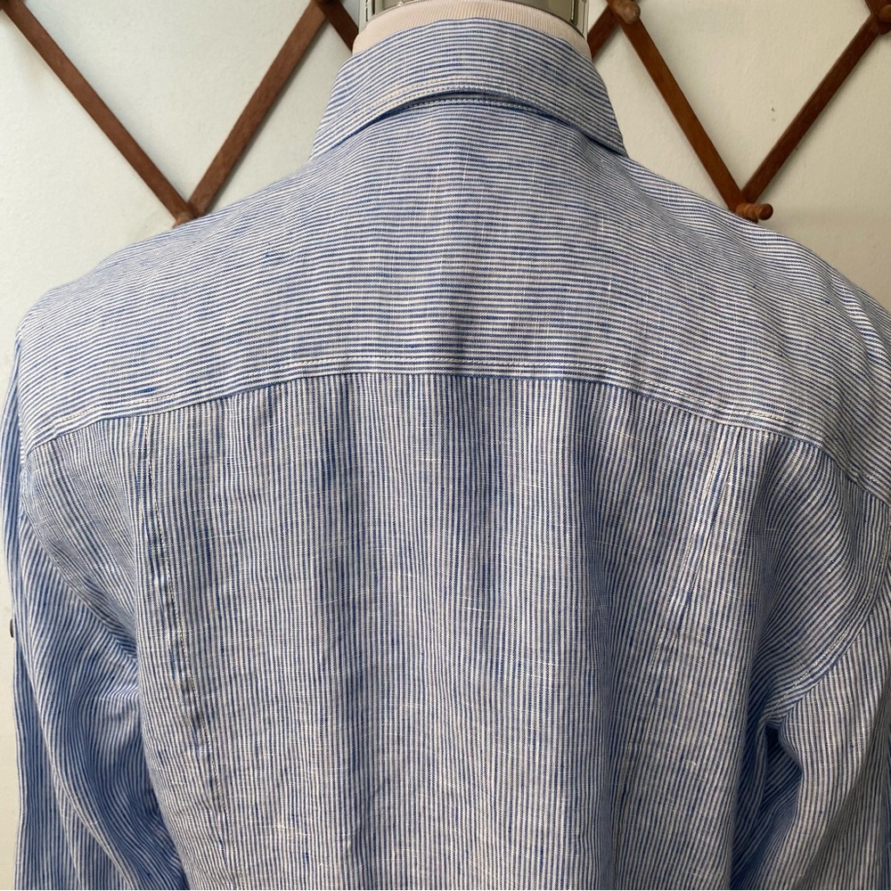 Elie Tahari Linen Pinstriped Button Up Shirt With Pockets - Picture 7 of 16